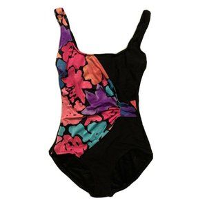 Vintage 90s Nicole Wior Swimsuit Sz M Black Floral